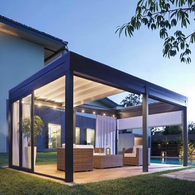 Gazebo pergola en aluminium moderne avec syst&egrave;me de toit coulissant pour patio ext&eacute;rieur